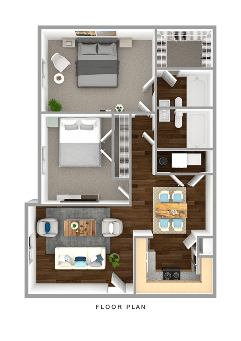 a stylized floor plan with a bedroom and living room